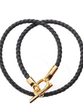 Hermes Glenan Leather Pink Gold Plated Double Tour Bracelet Black